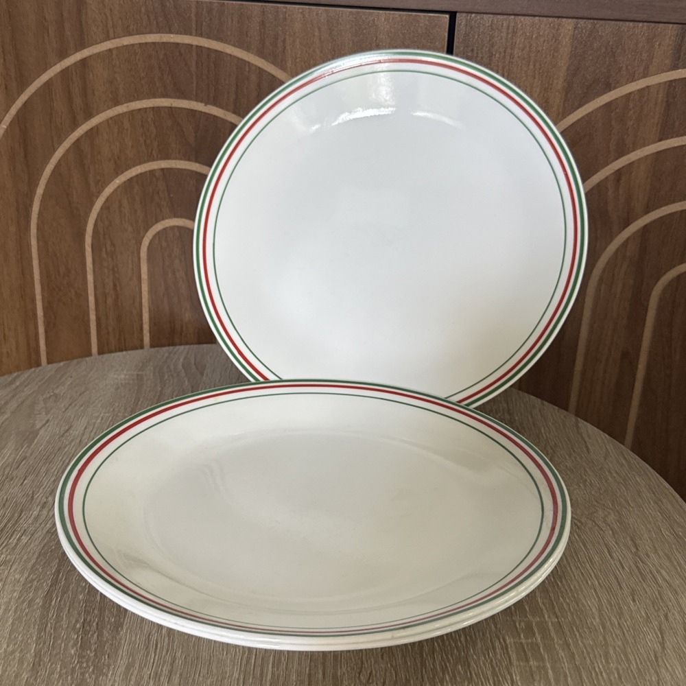 Vintage Corning/Corelle Holiday Bands Dinner Plates Set of 3 White w/Green & Red